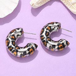 真鍮製スタンドピアス  ラックめっき  長持ちメッキ  鉛フリー＆カドミウムフリー  C字型でヒョウ柄  プラチナ  30.5x10mm&nbsp;EJEW-Q015-12B-P
