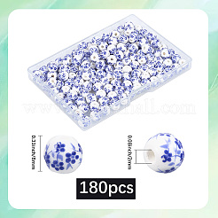 手作りの花柄磁器セラミックビーズ180個  ラウンド  ブルー  8mm  穴：2mm&nbsp;PORC-LT0001-08A