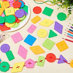 早期教育分類幼稚園のおもちゃを数える  プラスチック製の幾何学的形状のボタンとポリエステル製のロープ  ミックスカラー  ボタン：46~78x30~48x5mm  穴：3mm  130pc  ロープ：580~595x4x1mm  8pc&nbsp;AJEW-WH0033-65
