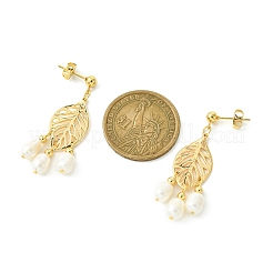 天然パールシャンデリアピアス  合金リーフロングドロップイヤリング  ゴールドカラー  42.5x16mm&nbsp;EJEW-TA00383