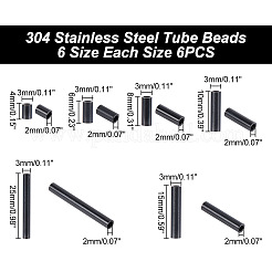36個 6スタイル 304ステンレススチールチューブビーズ  電気泳動黒  4~25x3mm  穴：2mm  6個/スタイル&nbsp;STAS-AR0001-65