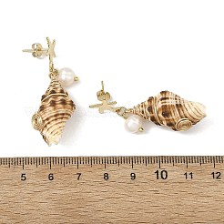 304ステンレススチール製、天然パールビーズ付きスタッドピアス  ヒトデ  女性用螺旋貝型ドロップピアス  ゴールドカラー  40~43x14~16mm&nbsp;EJEW-JE07420