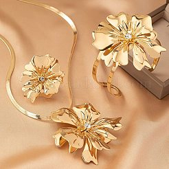 女性用フラワー合金ラインストーンペンダントネックレス＆リング＆カフバングルセット  ゴールドカラー  330mm&nbsp;FS-WG14933-01