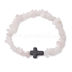 天然ローズクォーツチップストレッチブレスレット女性男性用  クロス  内径：2-1/8インチ（5.5cm）&nbsp;BJEW-JB11341-12