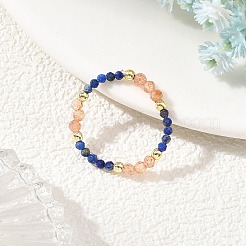 女性用、調節可能な天然ラピスラズリビーズ付きストレッチリング  多面カットラウンド  ゴールドカラー  21mm&nbsp;RJEW-JR01093-01