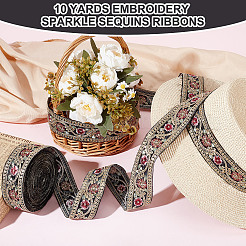 輝くポリエステルの花の刺繍リボン  プラスチックスパンコール付き  ブラック  1-5/8インチ（40mm）&nbsp;SRIB-WH0011-266B