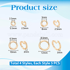 20個 4スタイル 真鍮オープン丸カン  丸型ロック丸カン  14KGP本金メッキ  5.5~12x1.5~3mm  内径：2.5~8.5mm  5個/スタイル&nbsp;KK-UN0006-08