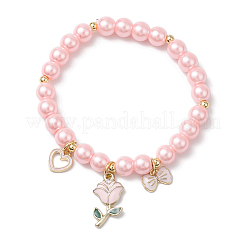 バレンタインデーのガラスパールストレッチブレスレット（女性用）  合金チャーム  ピンク  内径：2-1/4~2-3/8インチ（5.8~6cm）&nbsp;BJEW-JB11440
