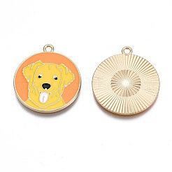 メッキ合金エナメルチャームラック  カドミウムフリー＆ニッケルフリー＆鉛フリー  ライトゴールド  犬と一緒にフラットラウンド  ゴールド  28x25x1.5mm  穴：1.8mm&nbsp;ENAM-N055-084