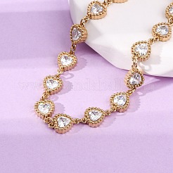 女性用304ステンレススチールリンクチェーンブレスレット  ハート  キュービックジルコニア付き  透明  6-3/4インチ（17cm）&nbsp;BJEW-A047-03G
