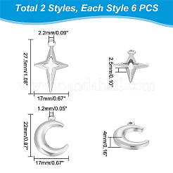 12個2スタイル304ステンレススチールペンダント  月＆星  ステンレス鋼色  22~27.5x17x2.5~4mm  穴：1.2~2.2mm  6個/スタイル&nbsp;STAS-UN0042-13
