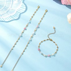 天然モルガナイトと真鍮ビーズのリンクチェーンブレスレット（女性用）3個  亜鉛合金カニカン付き  18KGP本金メッキ  7-1/4インチ（18.5cm）  3個/セット&nbsp;BJEW-JB12595
