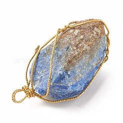 ラフ原石の天然宝石ペンダント  金色の真鍮製ワイヤーを巻いたもの  ナゲット  36~44x22~32x13~23mm  穴：4.5~5x2~3mm&nbsp;PALLOY-JF01451