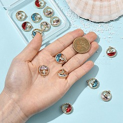 8スタイルの合金ガラスペンダント16個  クジラ/帆船のチャームが付いたフラットラウンド  ラックめっき  カドミウムフリー＆ニッケルフリー＆鉛フリー  ゴールドカラー  ミックスカラー  18x15.5~16x4~4.5mm  穴：1.2~1.4mm  2個/スタイル&nbsp;FIND-YW0012-88