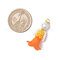 ガラスシードビーズの花の置物ペンダント  ガラスパールとアクリル  オレンジ  33x18x17.5mm  穴：2.5mm&nbsp;PALLOY-MZ00686-05