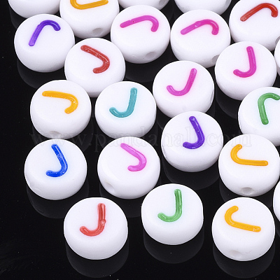 初期のアクリルビーズ  水平穴  フラットラウンド  ミックスカラー  文字.j  7x3.5~4mm  穴：1.2mm  約51個/7g&nbsp;X-OACR-E001-20J-1
