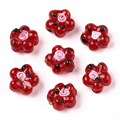手作りランプワークビーズ連売り  バンピー  花  ファイヤーブリック  13.5~14x14.5~15x7~8mm  穴：1.4mm  約28個/連  14.57インチ（37cm）&nbsp;LAMP-D015-08L-1