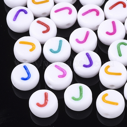 初期のアクリルビーズ  水平穴  フラットラウンド  ミックスカラー  文字.j  7x3.5~4mm  穴：1.2mm  約51個/7g&nbsp;X-OACR-E001-20J-1
