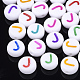 初期のアクリルビーズ  水平穴  フラットラウンド  ミックスカラー  文字.j  7x3.5~4mm  穴：1.2mm  約51個/7g&nbsp;X-OACR-E001-20J-1