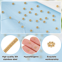 304ステンレススチールスペーサービーズ  花  粒状ビーズ  18KGP本金メッキ  4x1.2mm  穴：1mm  60個/セット&nbsp;STAS-HY0001-48G