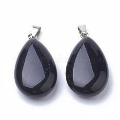天然な黒の石のペンダント  合金パーツ  ティアドロップ  プラチナ  45~46x23~24x11~12mm  穴：8x4mm&nbsp;G-S292-12A
