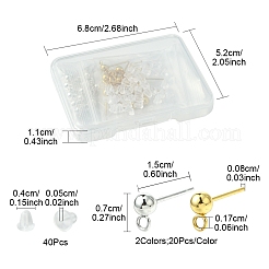 40個 2色 304ステンレススチールスタッドピアス金具  ループとプラスチック製のピアスキャッチ付き  ラウンド  ゴールデン＆シルバー  15x7x4mm  穴：1.7mm  ピン：0.8mm  20個/カラー&nbsp;STAS-FS0001-57