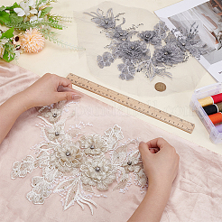 2個 2色の花の化学繊維とクリスタルラインストーンの刺繍の縫い付け布パッチ  服飾材料  ミックスカラー  300x270x7mm  1pc /カラー&nbsp;PATC-FG0003-60A
