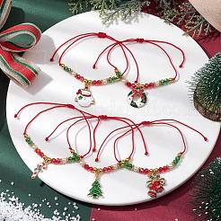 5個 5スタイル調節可能な電気メッキガラス編みビーズブレスレットセット  クリスマスツリーとキャンディケーンの合金エナメルチャームの重ね付け可能なブレスレット（女性用）  ミックスカラー  内径：3-1/8インチ（7.9cm）  1個/スタイル&nbsp;BJEW-JB10380