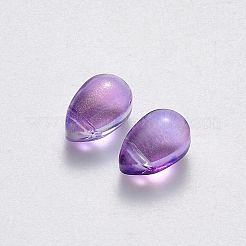 透明スプレー塗装ガラスチャーム  グリッターパウダー付き  ティアドロップ  ミディアム蘭  9x6x6mm  穴：1mm&nbsp;GLAA-R211-03-E01