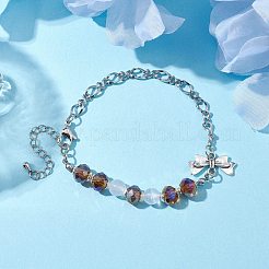 ファセットロンデルガラスリンクブレスレット  女性用蝶結び合金ブレスレット  プラチナ  7-1/8インチ（18cm）&nbsp;AJEW-JB01220