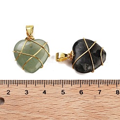 天然＆合成混合原石のペンダント  銅線で巻いたハートチャーム  ゴールドカラー  22.5x20x7.5mm  穴：6x3.5mm&nbsp;FIND-A043-10G