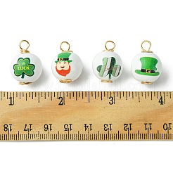聖パトリックの日プリント木製ペンダント 10 個  ゴールドトーンの銅線を巻いたラウンドチャーム  グリーン  24~24.5x15~16.5mm  穴：4~4.5mm&nbsp;FIND-FS0001-89