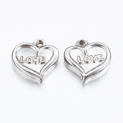 変色しない201ステンレススチールペンダント  単語「love」付けのハート  ステンレス鋼色  13x12x3mm  穴：1mm&nbsp;STAS-F128-08P
