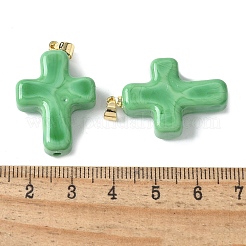 真鍮のペンダントが付いた手作りのランプワーク  クロス  ダークシーグリーン  29.5x19.5x7.5mm  穴：3.5x4.5mm&nbsp;LAMP-I030-01G-03