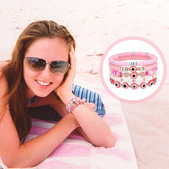 10個2スタイルポリマークレイヘイシビーズストレッチブレスレットセット  女性のための樹脂ナザールボンジュウのプレッピーブレスレット  ピンク  内径：2-1/4インチ（5.8cm）  2個/スタイル&nbsp;BJEW-PH0001-01