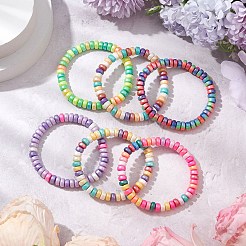 女の子用手作りポリマー粘土ヘイシビーズストレッチブレスレット6個  フラットラウンド  ミックスカラー  内径：1-7/8インチ（4.8cm）&nbsp;BJEW-JB11377