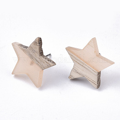 透明樹脂＆ウッドスタッドピアス  304ステンレスピン付き  スター  桃パフ  17x18mm  ピン：0.7mm&nbsp;EJEW-N017-001A-D08