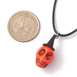 ハロウィーンテーマの染色合成ターコイズスカルペンダントネックレス  ワックスロープネックレス  ミックスカラー  17.40インチ（44.2cm）&nbsp;NJEW-JN04848