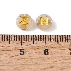 明るい透明なアクリルビーズ  アルファベット付きフラットラウンド  暗闇で光る  ゴールドライン入り  文字N  7x4mm  穴：1.8mm  約3700個/500g&nbsp;OACR-P037-01B-N