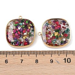 304ステンレスペンダント  エポキシ樹脂とガラスを使用した正方形  PVD真空メッキ  18KGP本金メッキ  カラフル  22x20x5~6.5mm  穴：1.6mm&nbsp;STAS-C146-02G-03
