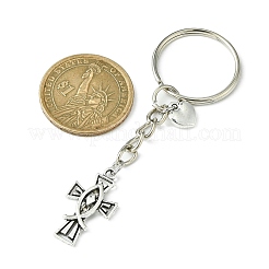 合金クロスとイエスの魚とハートペンダントキーホルダー  鉄のスプリットキーリング付き  アンティークシルバー  7.9cm&nbsp;KEYC-JKC00638