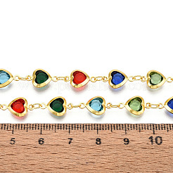 真鍮ガラス ハート リンク チェーン  ハンダ付け  スプールで  ゴールドカラー  カラフル  12~12.5x7.5x3mm  約32.81フィート（10m）/ロール&nbsp;CHC-T018-13A-G
