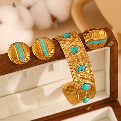 合成ターコイズのカフバングル、指輪、スタッドピアスセット  メタルジュエリーセット  フラットラウンド  ゴールドカラー  内径：0.71インチ（18mm）&nbsp;FS-WGB9654-04