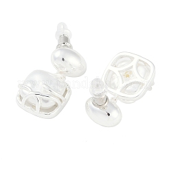 真鍮のダングルのピアス  プラスチックパール付き  女性用スタッドピアス  正方形  925銀メッキ  25x15mm&nbsp;EJEW-L288-003S