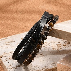 男性用編み込みレザーマルチ連ブレスレット  天然タイガーアイ、316サージカルステンレス、304ステンレススチールの金具付き  ブラック  8-3/8インチ（21.3cm）&nbsp;BJEW-Z081-16EB