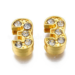 金メッキ合金スライドチャーム  クリスタルラインストーン付き  数  NUM。3  11~12x5~8x4~4.7mm  穴：1.5~1.7x8mm&nbsp;PALLOY-WH0065-28C-G