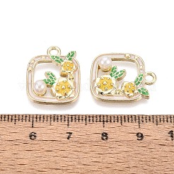 合金エナメルチャーム  スクエア＆フラワーチャーム  ABSの模造パールと  ライトゴールド  ライトカーキ  19x16x4.5mm  穴：2mm&nbsp;ENAM-N069-13KCG-02