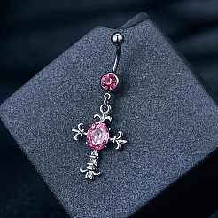 ピアス  真鍮製キュービックジルコニアへそピアス  ベリーリング  304ステンレススチールバー付き  鉛フリー＆カドミウムフリー  クロス  フクシア  プラチナ  55x22mm  バーの長さ: 3/8