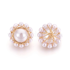 アクリルパール調ビーズ  穴がないビーズ  真鍮パーツ  長持ちメッキ  ニッケルフリー  花  ホワイト  16x11mm&nbsp;KK-F782-12G-NF