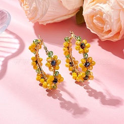 ガラスの花のフープピアス  真鍮のイヤリングの指付き  ゴールドカラー  きいろ  39x12x41mm&nbsp;EJEW-TA00587